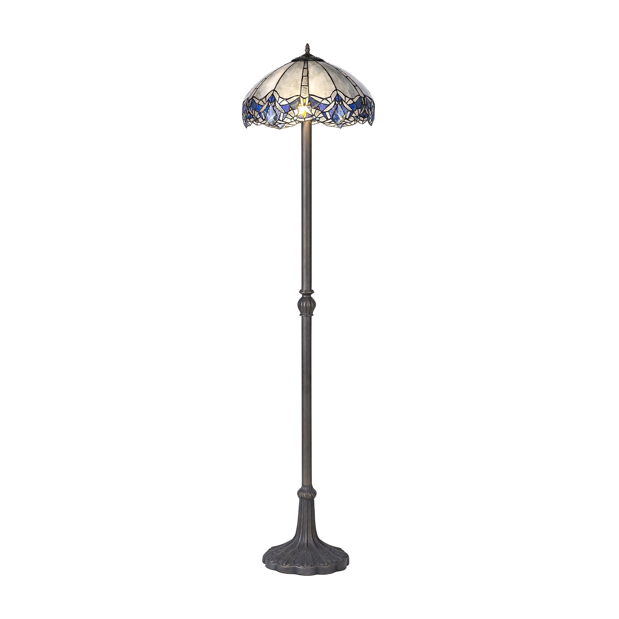 NLK01639 Ossie 2 Light Leaf Design Floor Lamp With 40cm Tiffany Shade Blue/Clear Crystal/Aged Antique Brass