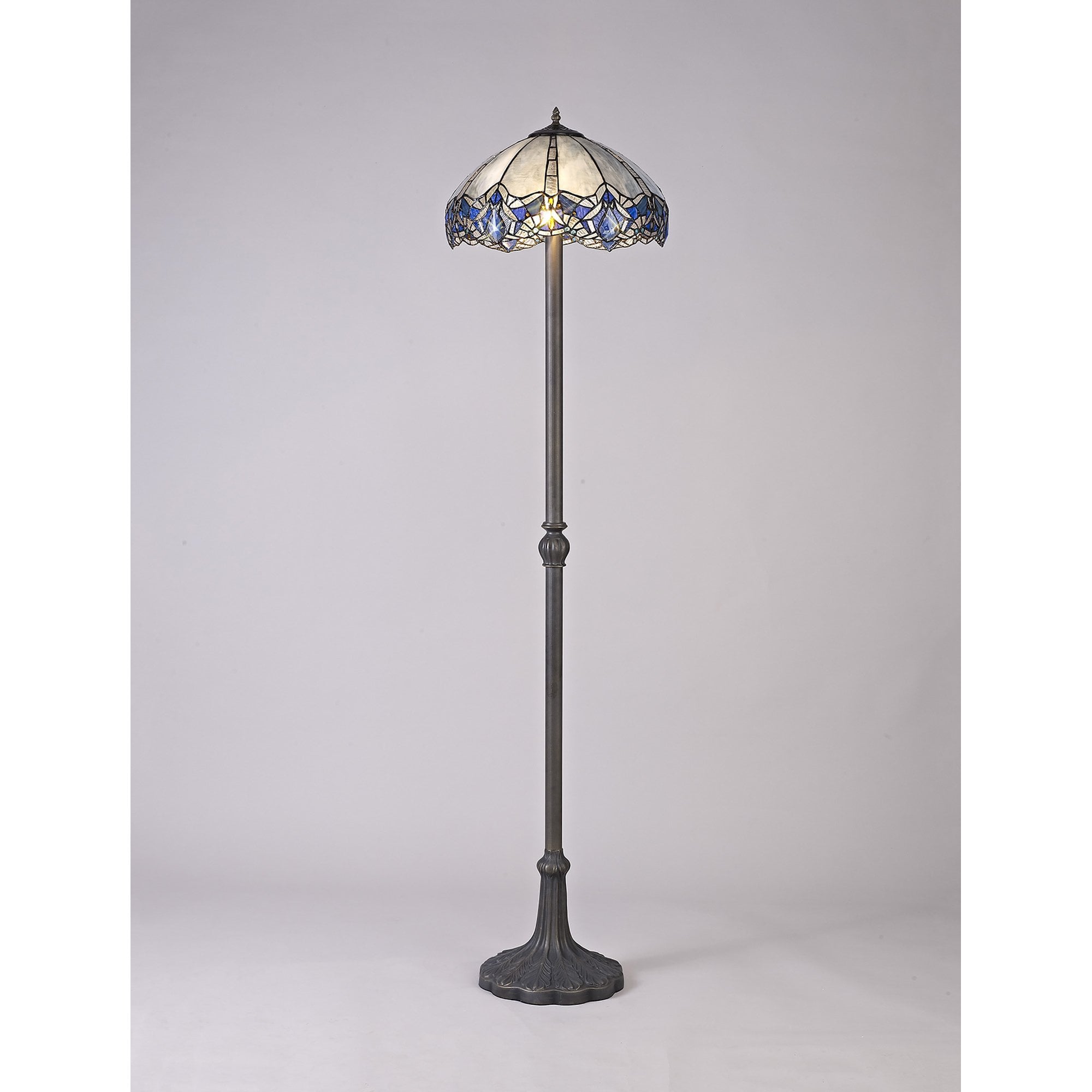 NLK01639 Ossie 2 Light Leaf Design Floor Lamp With 40cm Tiffany Shade Blue/Clear Crystal/Aged Antique Brass