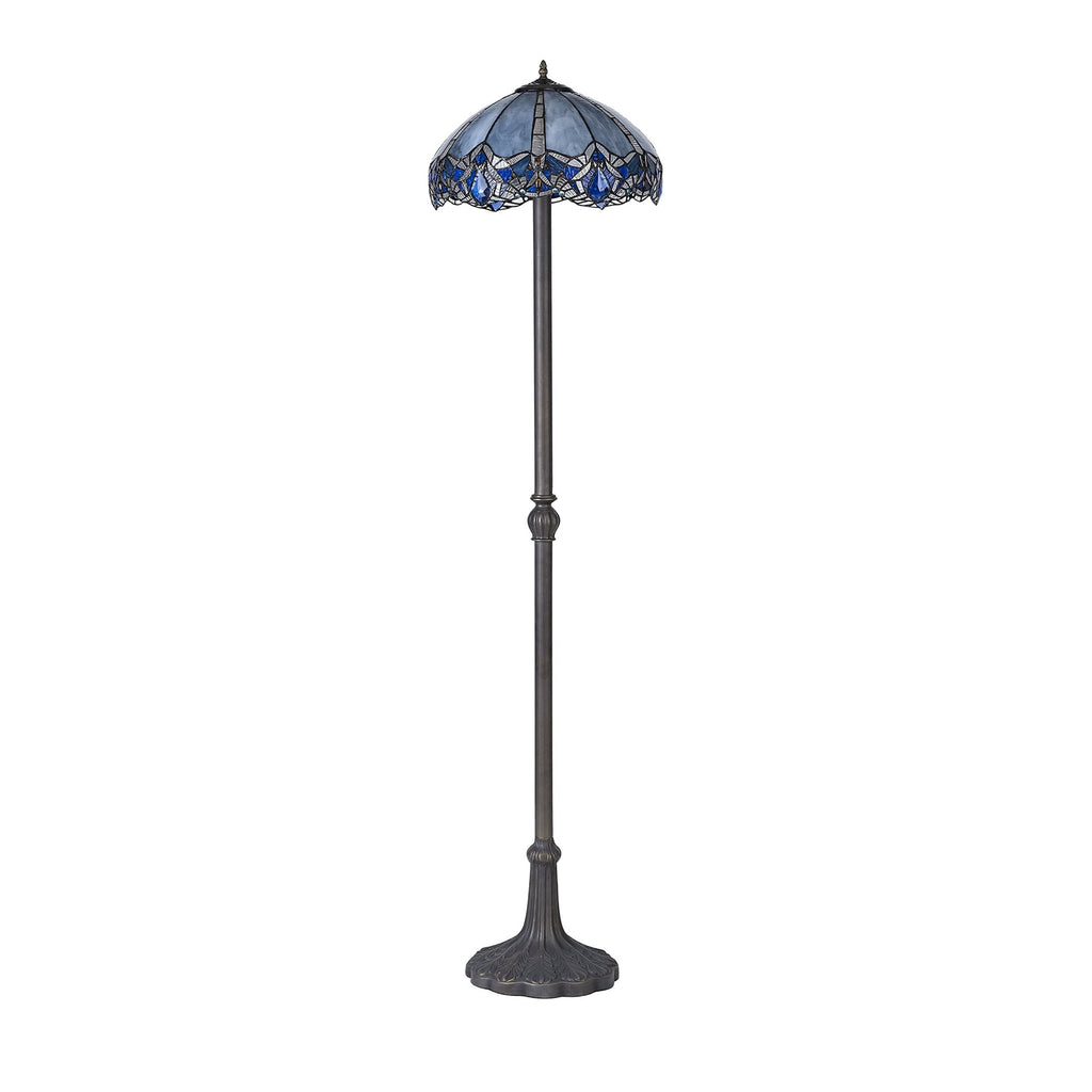 NLK01639 Ossie 2 Light Leaf Design Floor Lamp With 40cm Tiffany Shade Blue/Clear Crystal/Aged Antique Brass