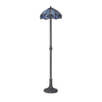 NLK01639 Ossie 2 Light Leaf Design Floor Lamp With 40cm Tiffany Shade Blue/Clear Crystal/Aged Antique Brass
