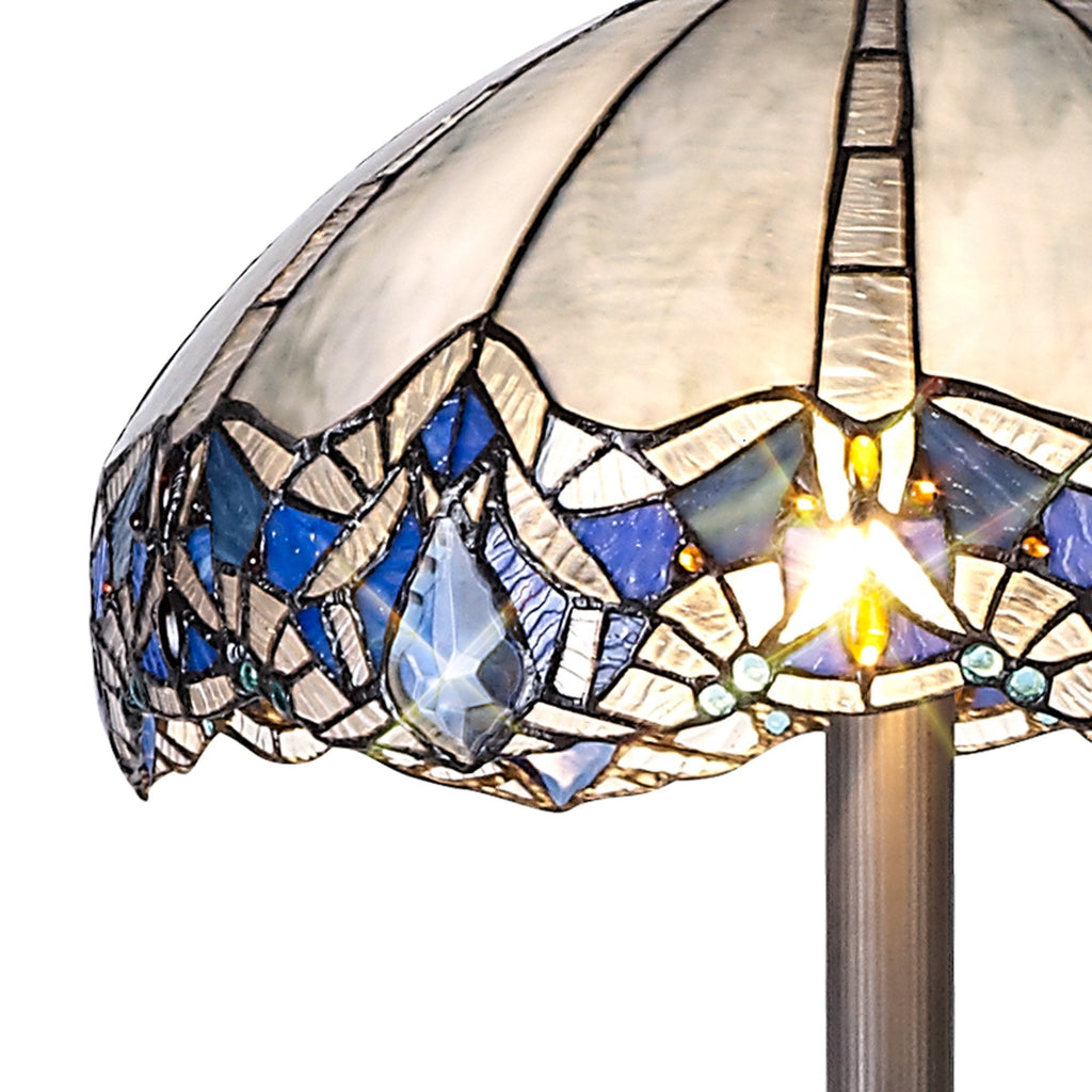 NLK01639 Ossie 2 Light Leaf Design Floor Lamp With 40cm Tiffany Shade Blue/Clear Crystal/Aged Antique Brass