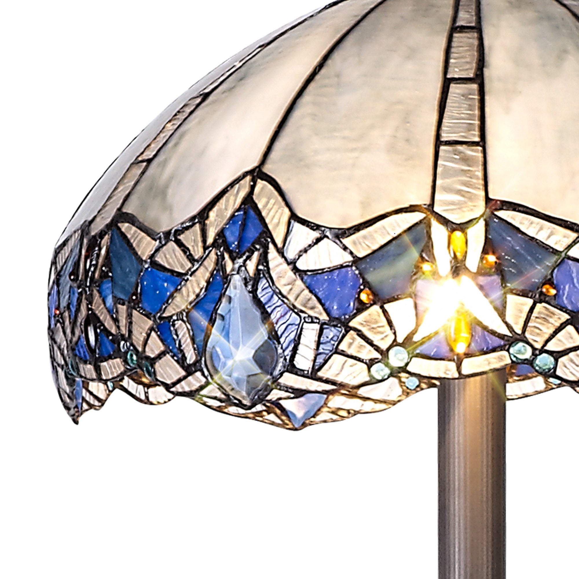 NLK01639 Ossie 2 Light Leaf Design Floor Lamp With 40cm Tiffany Shade Blue/Clear Crystal/Aged Antique Brass