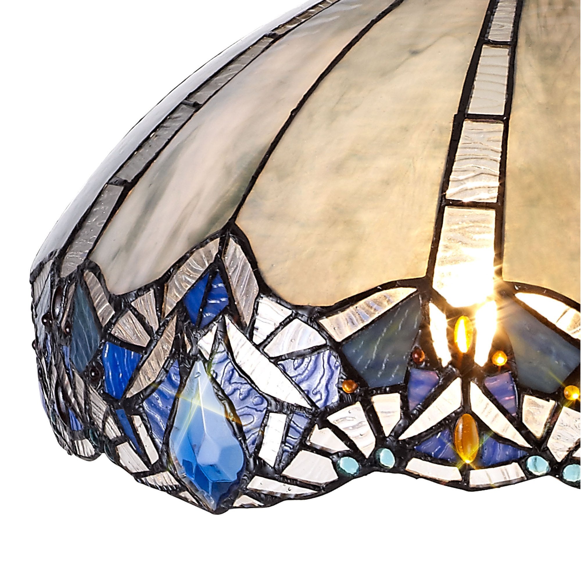 NLK01639 Ossie 2 Light Leaf Design Floor Lamp With 40cm Tiffany Shade Blue/Clear Crystal/Aged Antique Brass