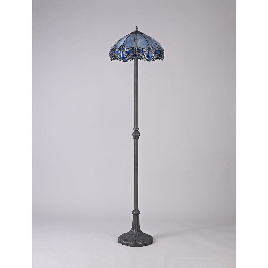 NLK01639 Ossie 2 Light Leaf Design Floor Lamp With 40cm Tiffany Shade Blue/Clear Crystal/Aged Antique Brass