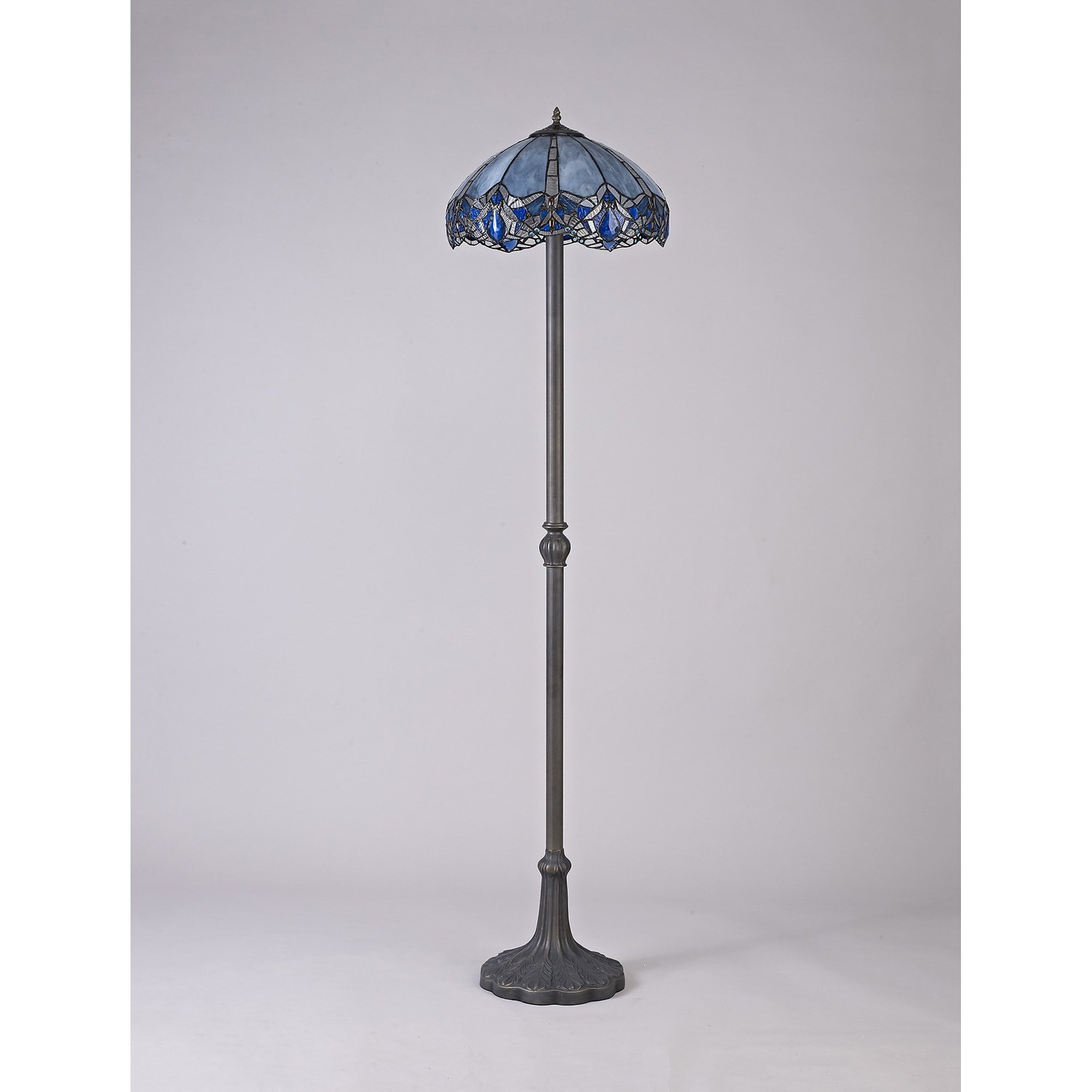 NLK01639 Ossie 2 Light Leaf Design Floor Lamp With 40cm Tiffany Shade Blue/Clear Crystal/Aged Antique Brass
