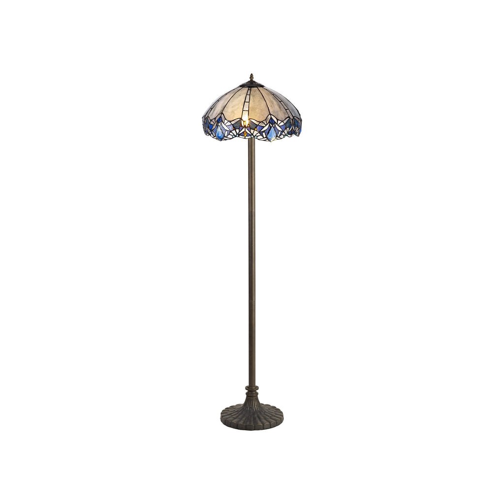 NLK01649 Ossie 2 Light Stepped Design Floor Lamp With 40cm Tiffany Shade Blue/Clear Crystal/Aged Antique Brass