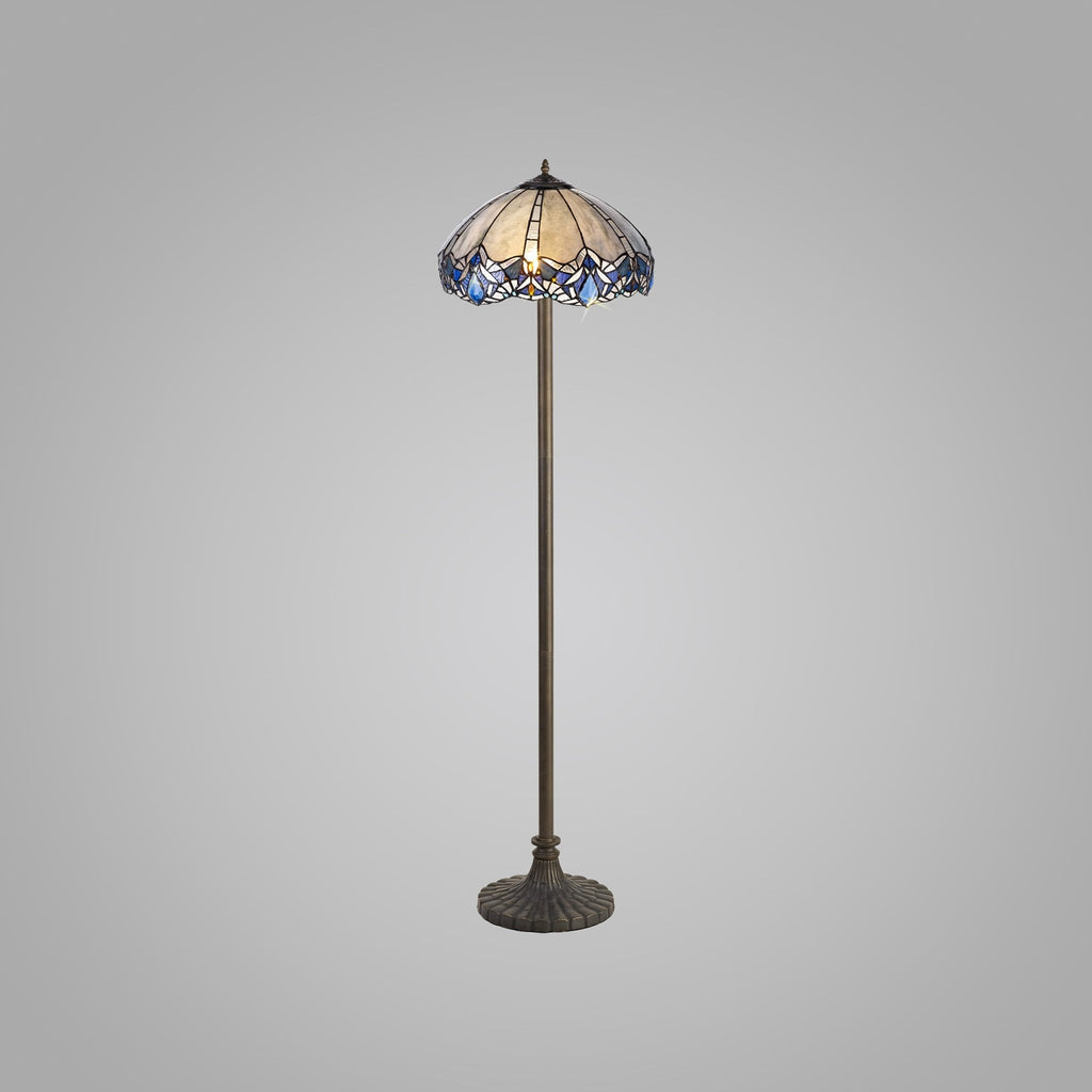NLK01649 Ossie 2 Light Stepped Design Floor Lamp With 40cm Tiffany Shade Blue/Clear Crystal/Aged Antique Brass