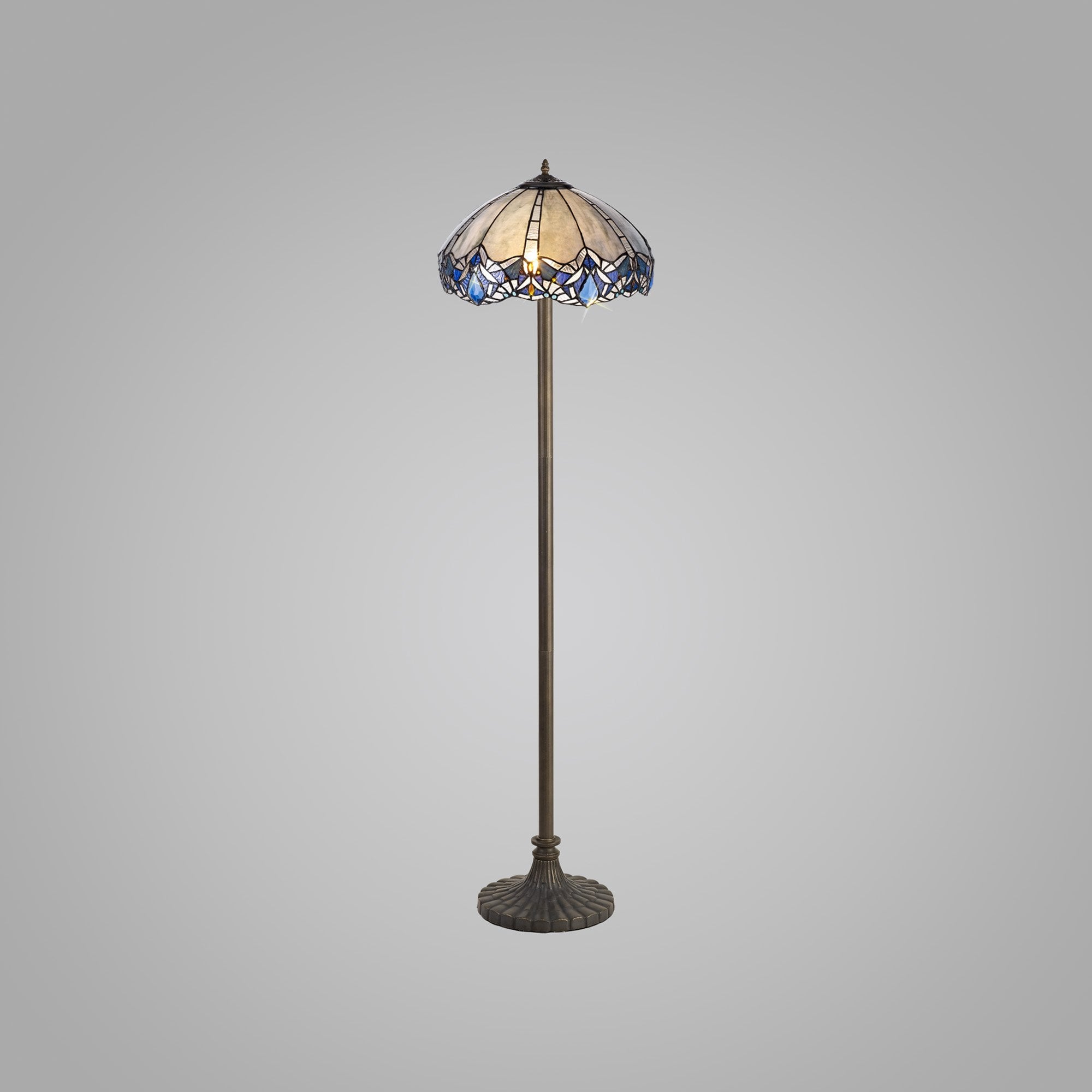 NLK01649 Ossie 2 Light Stepped Design Floor Lamp With 40cm Tiffany Shade Blue/Clear Crystal/Aged Antique Brass