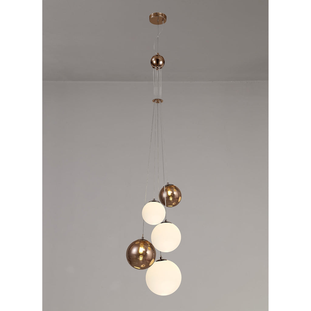 NL76669 Rome Pendant 5 Light Antique Copper/Opal & Copper Glass