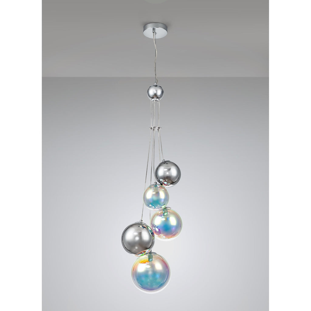 NL84279 Rome Pendant 5 Light Polished Chrome/Iridescent Glass