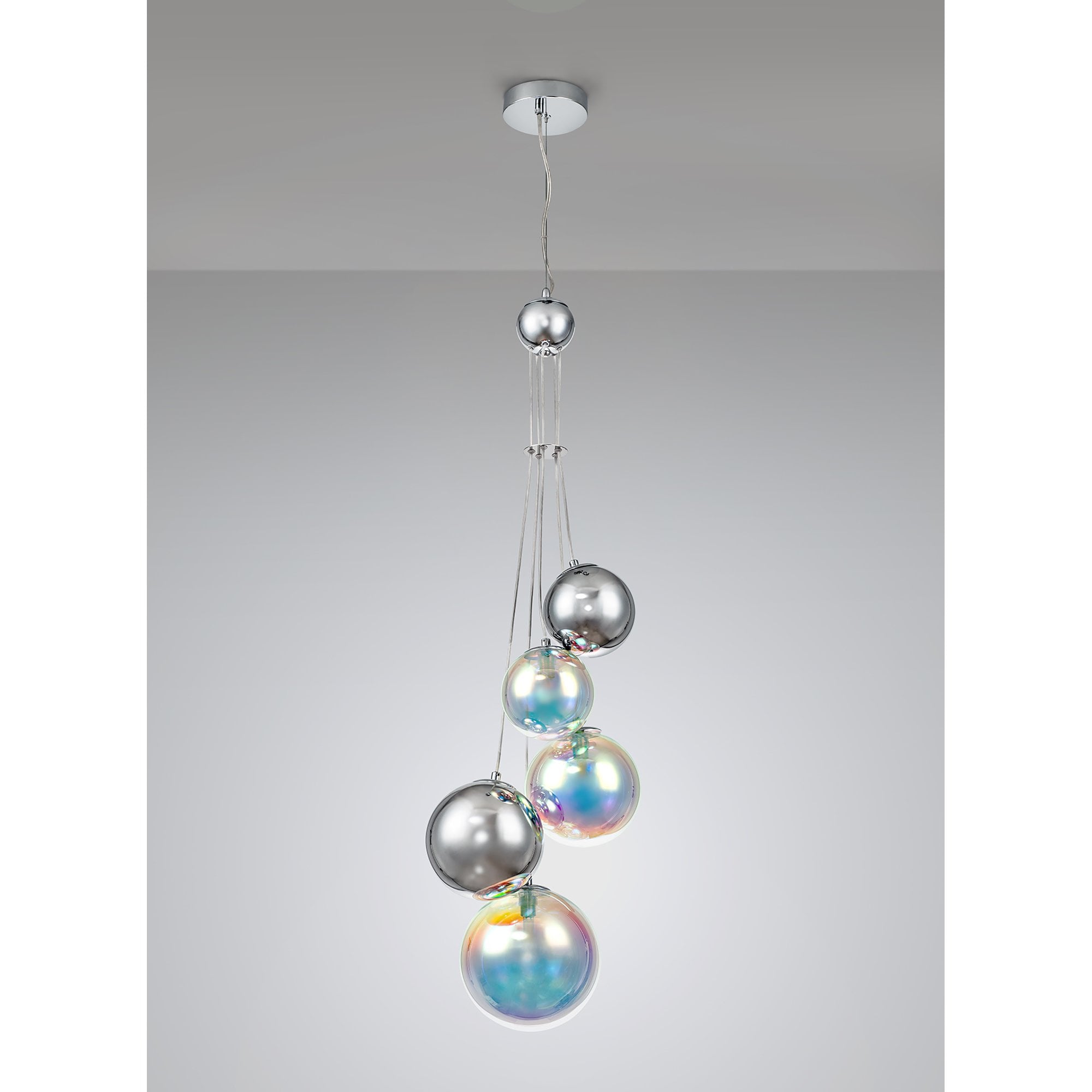 NL84279 Rome Pendant 5 Light Polished Chrome/Iridescent Glass