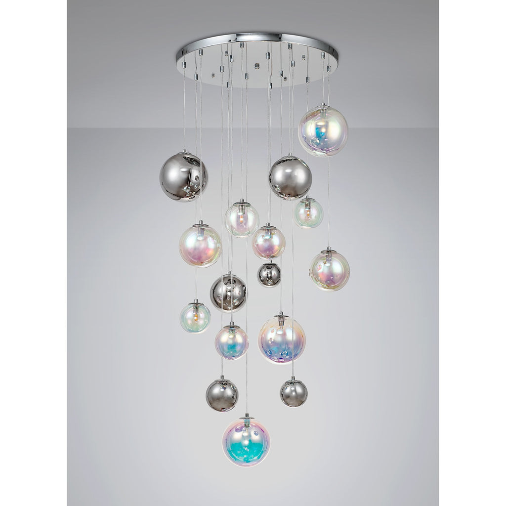 NL84289 Rome Pendant 16 Light Polished Chrome/Iridescent Glass