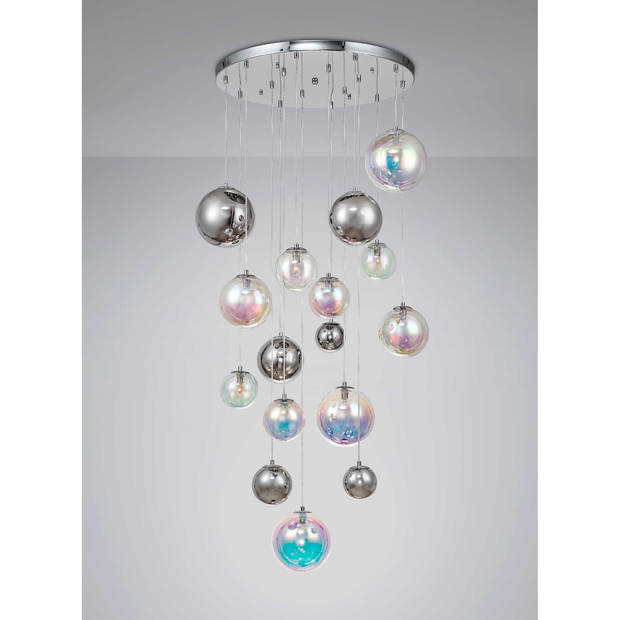 NL84289 Rome Pendant 16 Light Polished Chrome/Iridescent Glass