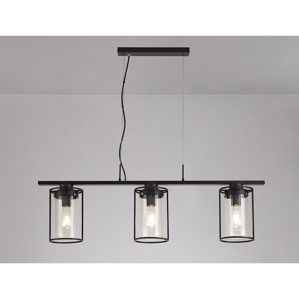 NL75869 Riannon Linear Pendant 3 Light Black/Clear Glass