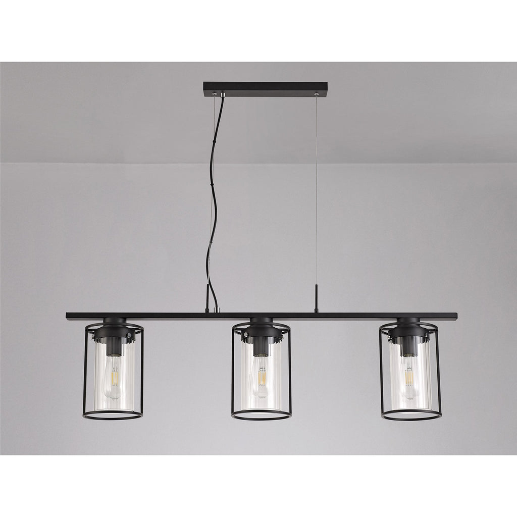 NL75869 Riannon Linear Pendant 3 Light Black/Clear Glass