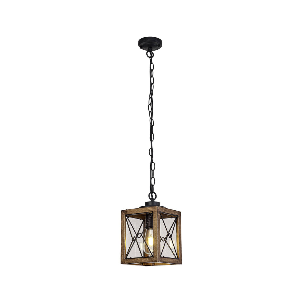 NL83739 Rowley Outdoor Pendant Wood Effect & Black/Clear Glass