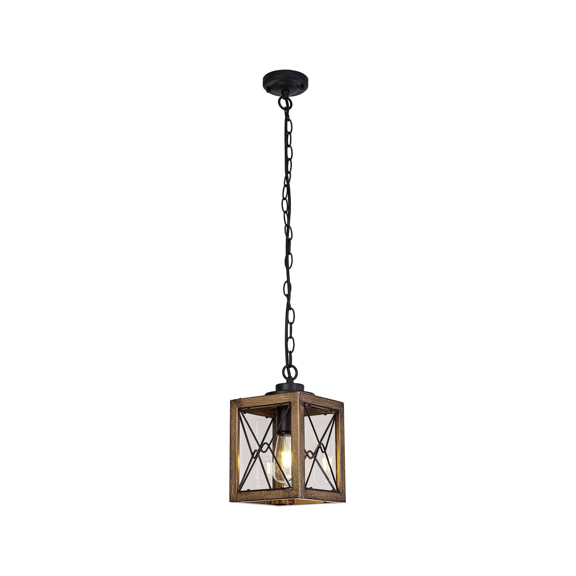 NL83739 Rowley Outdoor Pendant Wood Effect & Black/Clear Glass