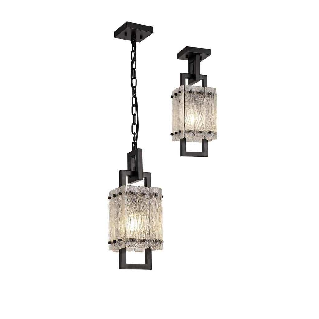 NL76839 Sorrel Small Square Pendant 1 Light Matt Black/Crystal Sand Glass