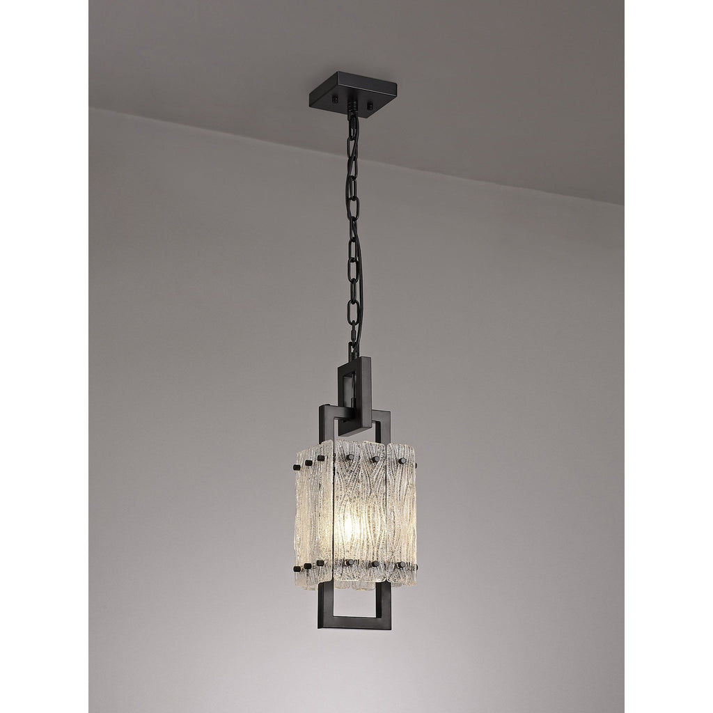 NL76839 Sorrel Small Square Pendant 1 Light Matt Black/Crystal Sand Glass
