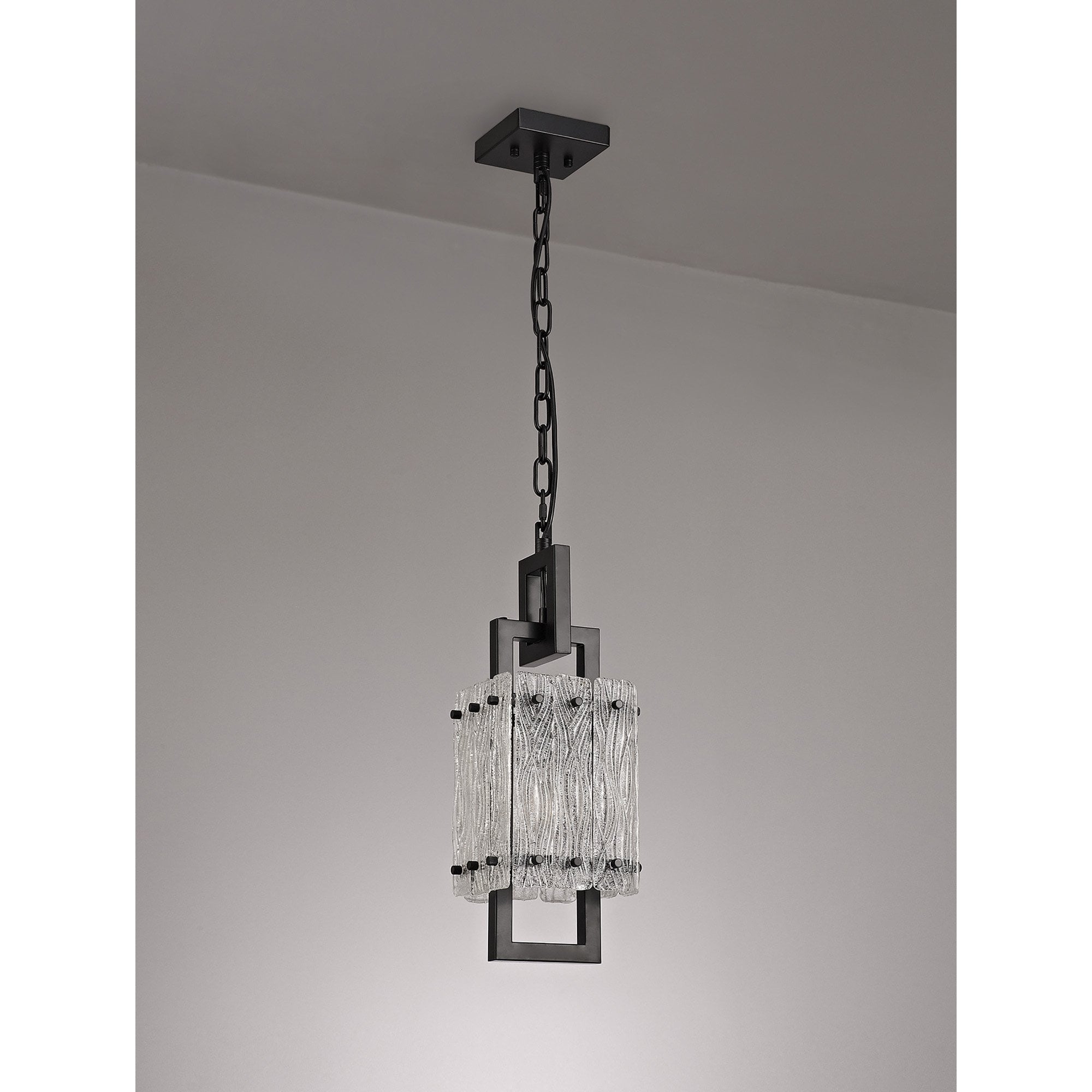 NL76839 Sorrel Small Square Pendant 1 Light Matt Black/Crystal Sand Glass
