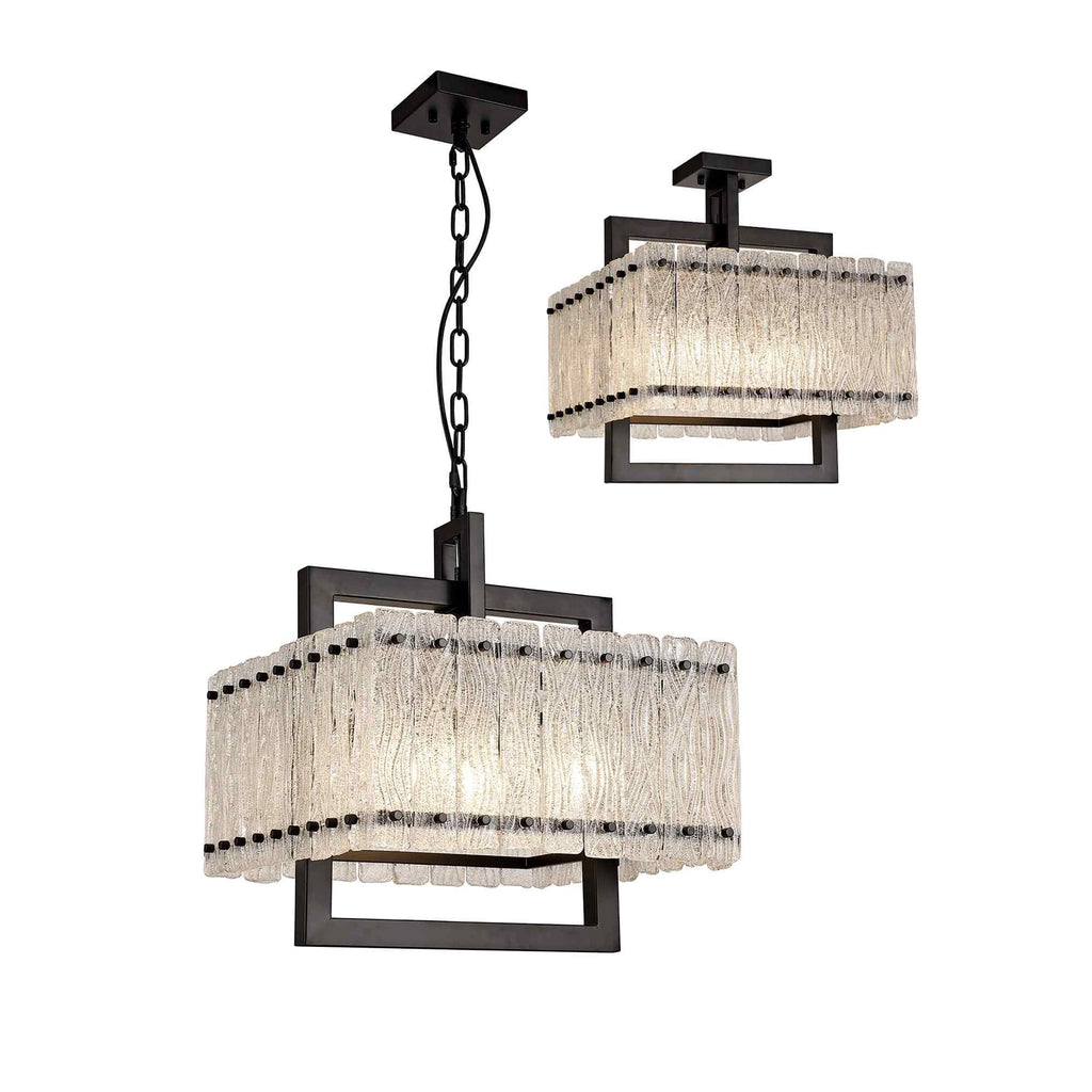 NL76849 Sorrel Large Square Pendant 5 Light Matt Black/Crystal Sand Glass