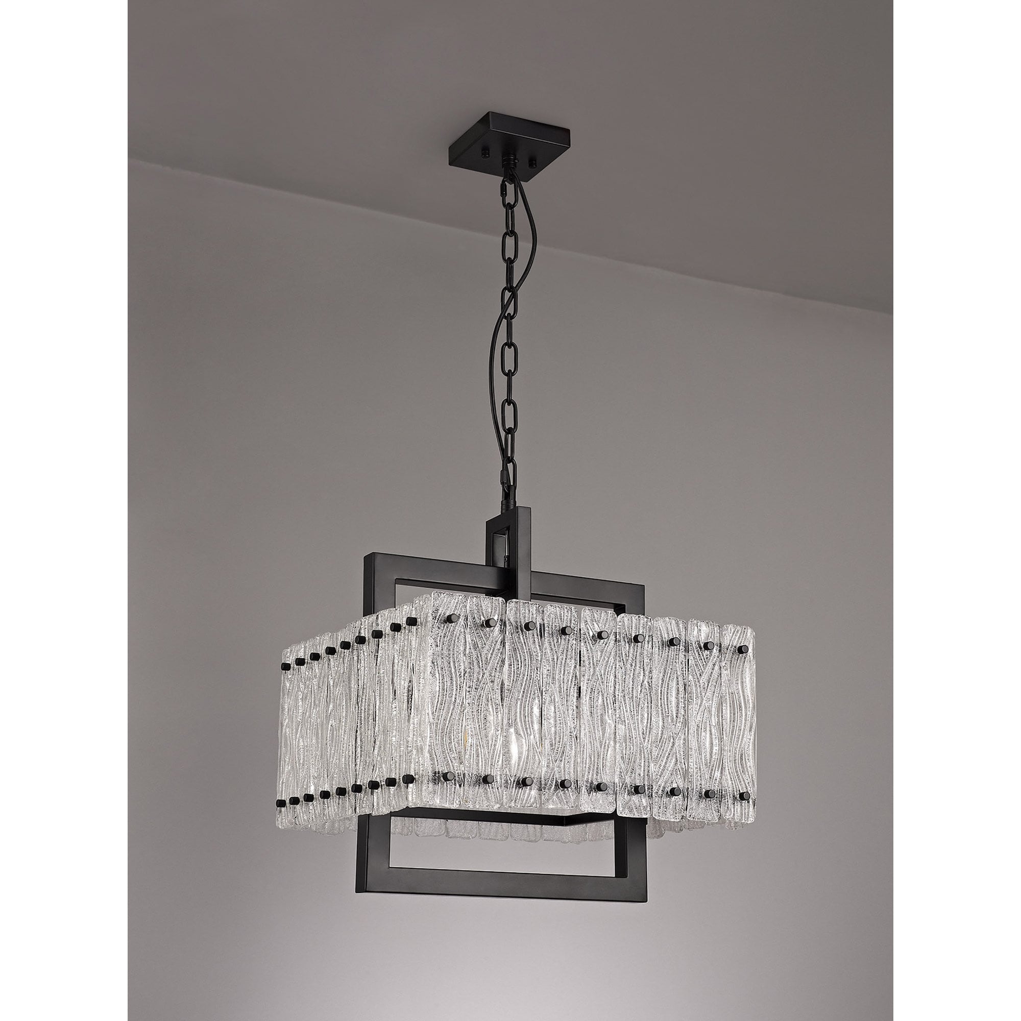 NL76849 Sorrel Large Square Pendant 5 Light Matt Black/Crystal Sand Glass
