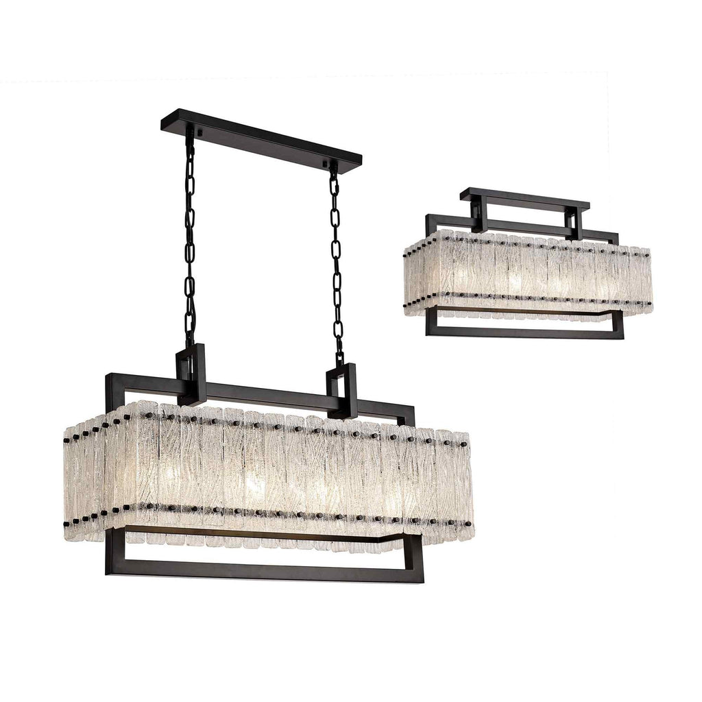 NL76859 Sorrel Medium Rectangular Pendant 8 Light Matt Black/Crystal Sand Glass