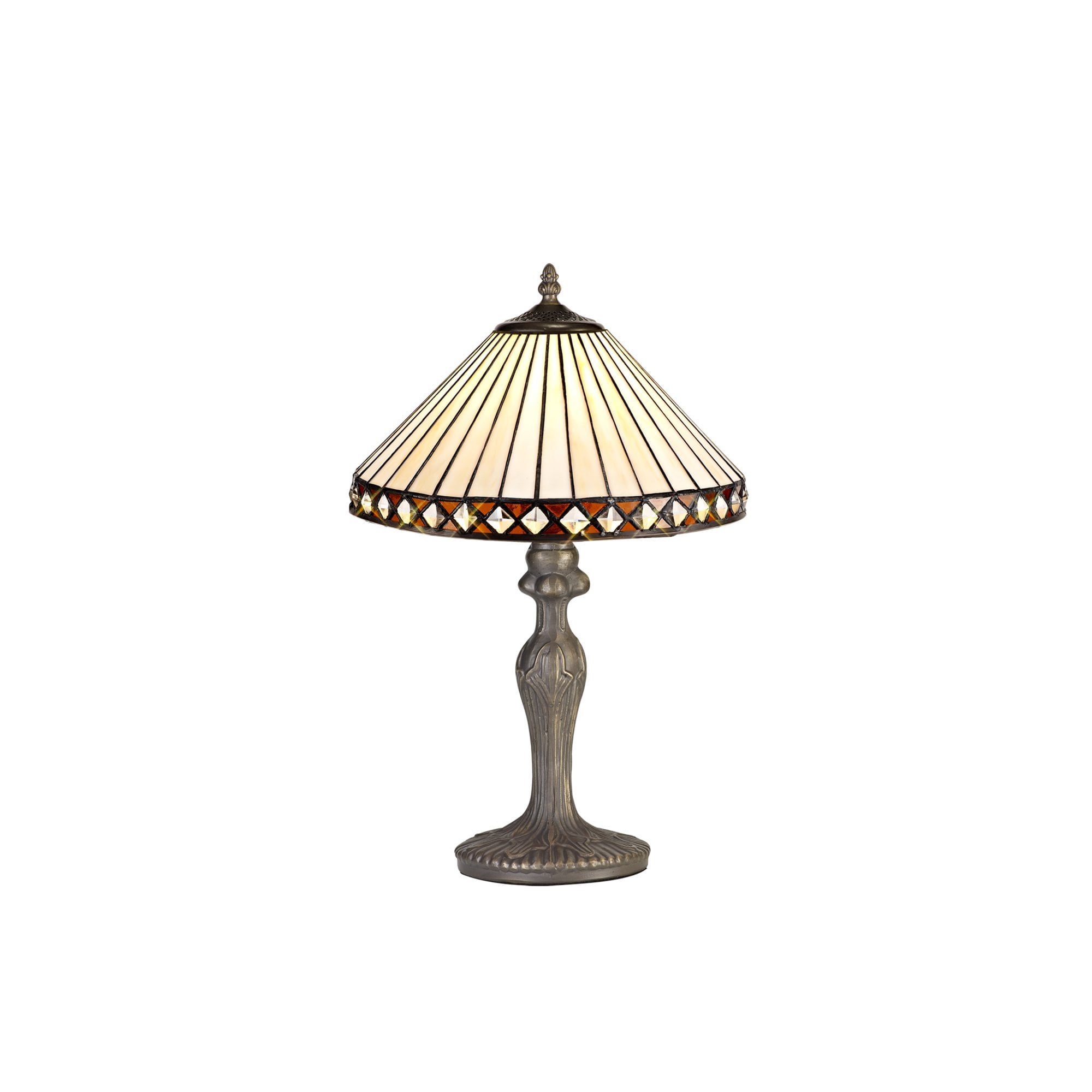 NLK02189 Tink 1 Light Curved Table Lamp With 30cm Tiffany Shade Amber/Chrome/Crystal/Aged Antique Brass