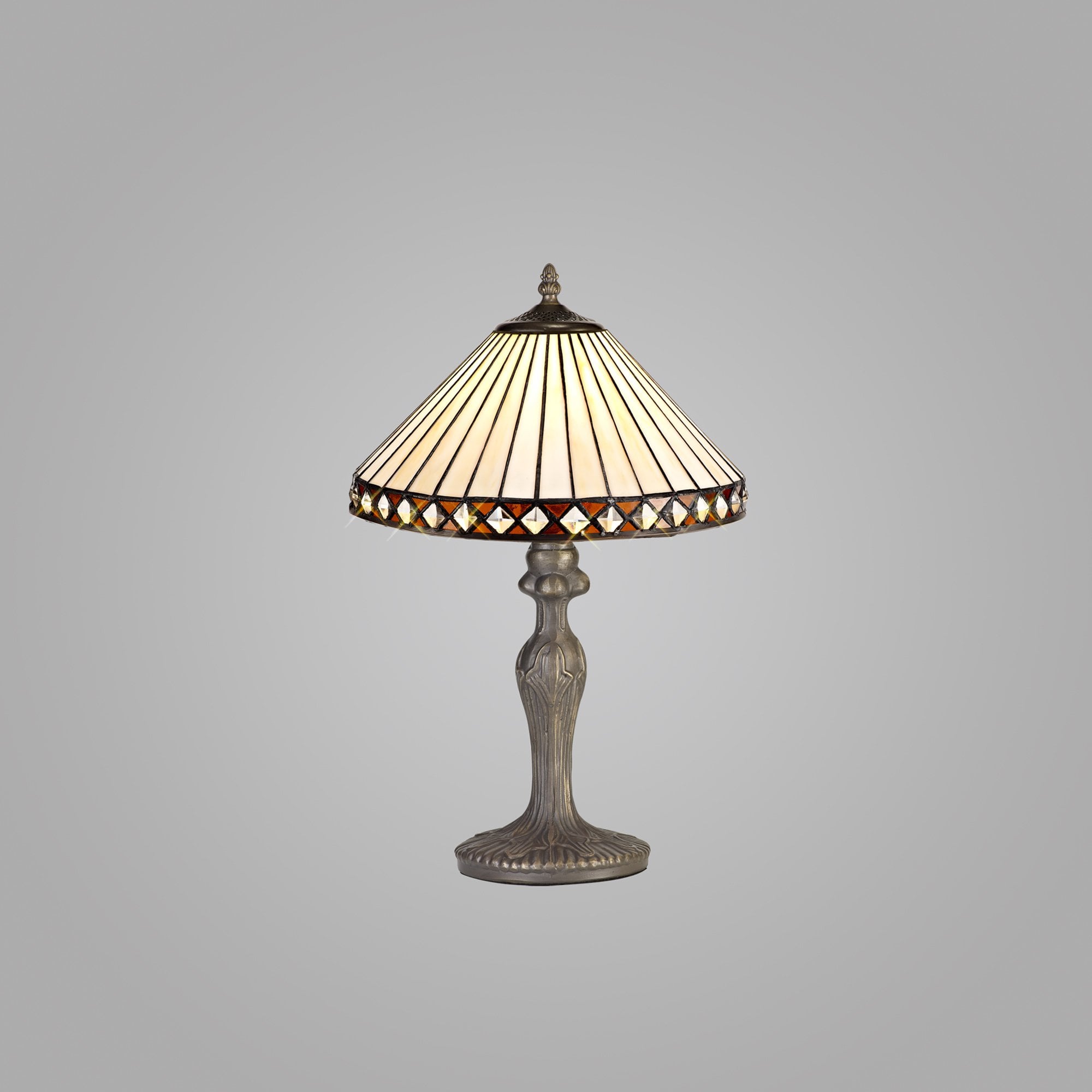NLK02189 Tink 1 Light Curved Table Lamp With 30cm Tiffany Shade Amber/Chrome/Crystal/Aged Antique Brass
