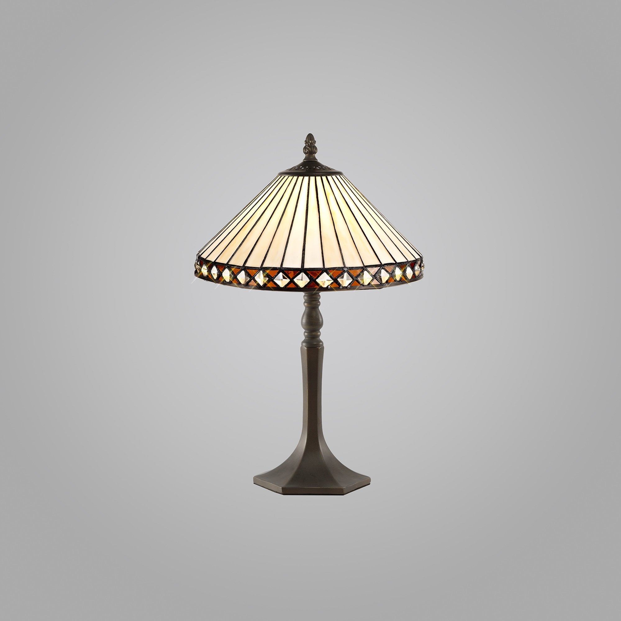 NLK02199 Tink 1 Light Octagonal Table Lamp With 30cm Tiffany Shade Amber/Chrome/Crystal/Aged Antique Brass