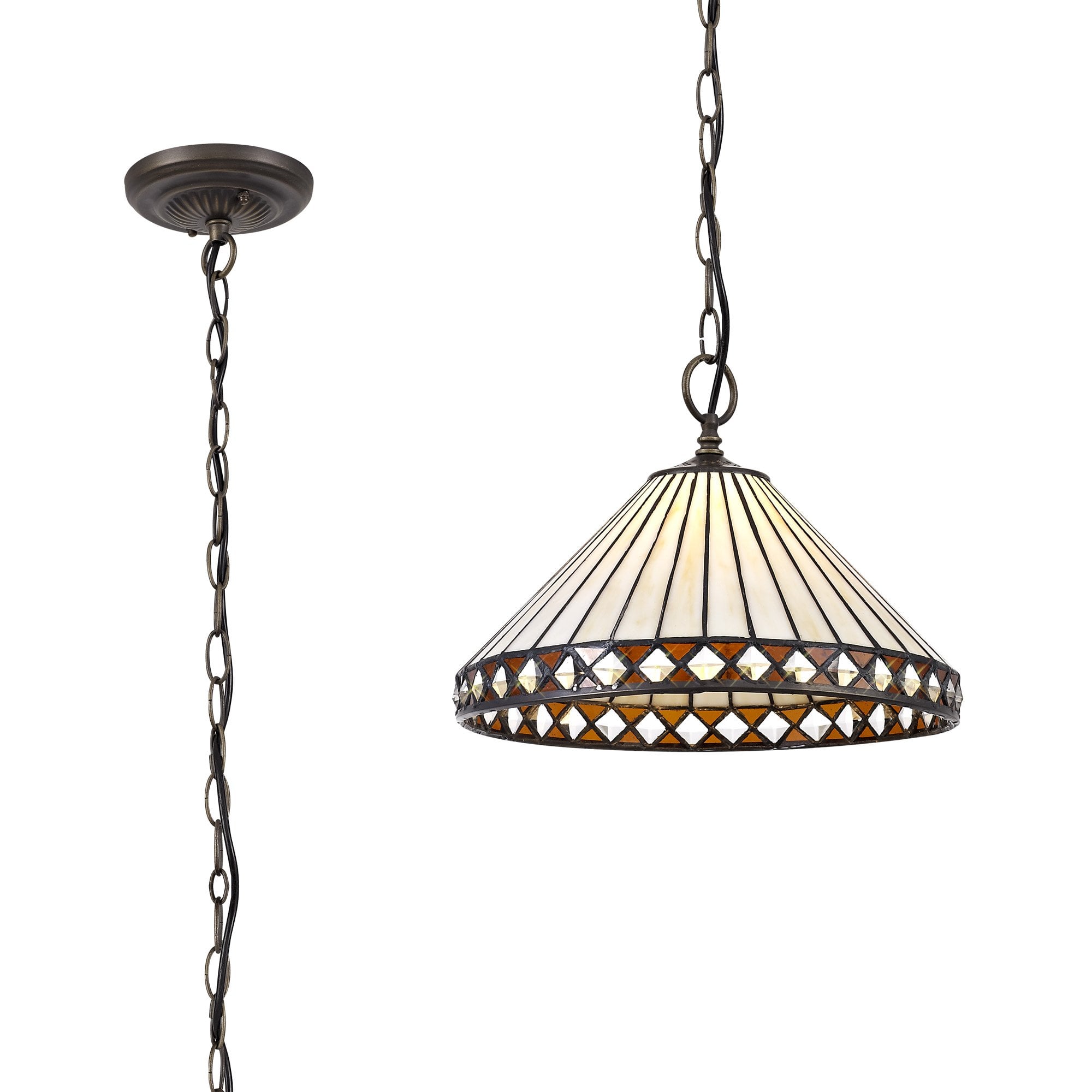 NLK02209 Tink 1 Light Down Lighter Pendant With 30cm Tiffany Shade Amber/Chrome/Crystal/Aged Antique Brass