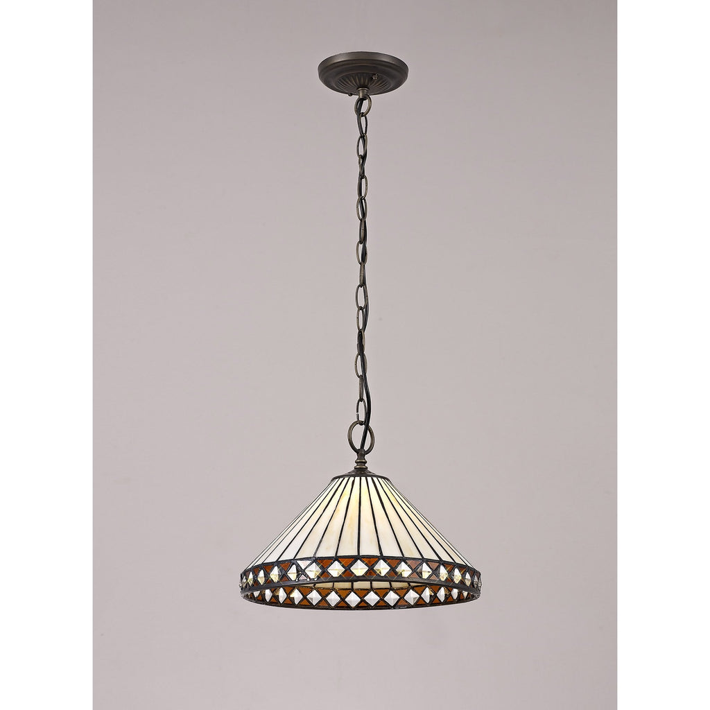 NLK02209 Tink 1 Light Down Lighter Pendant With 30cm Tiffany Shade Amber/Chrome/Crystal/Aged Antique Brass