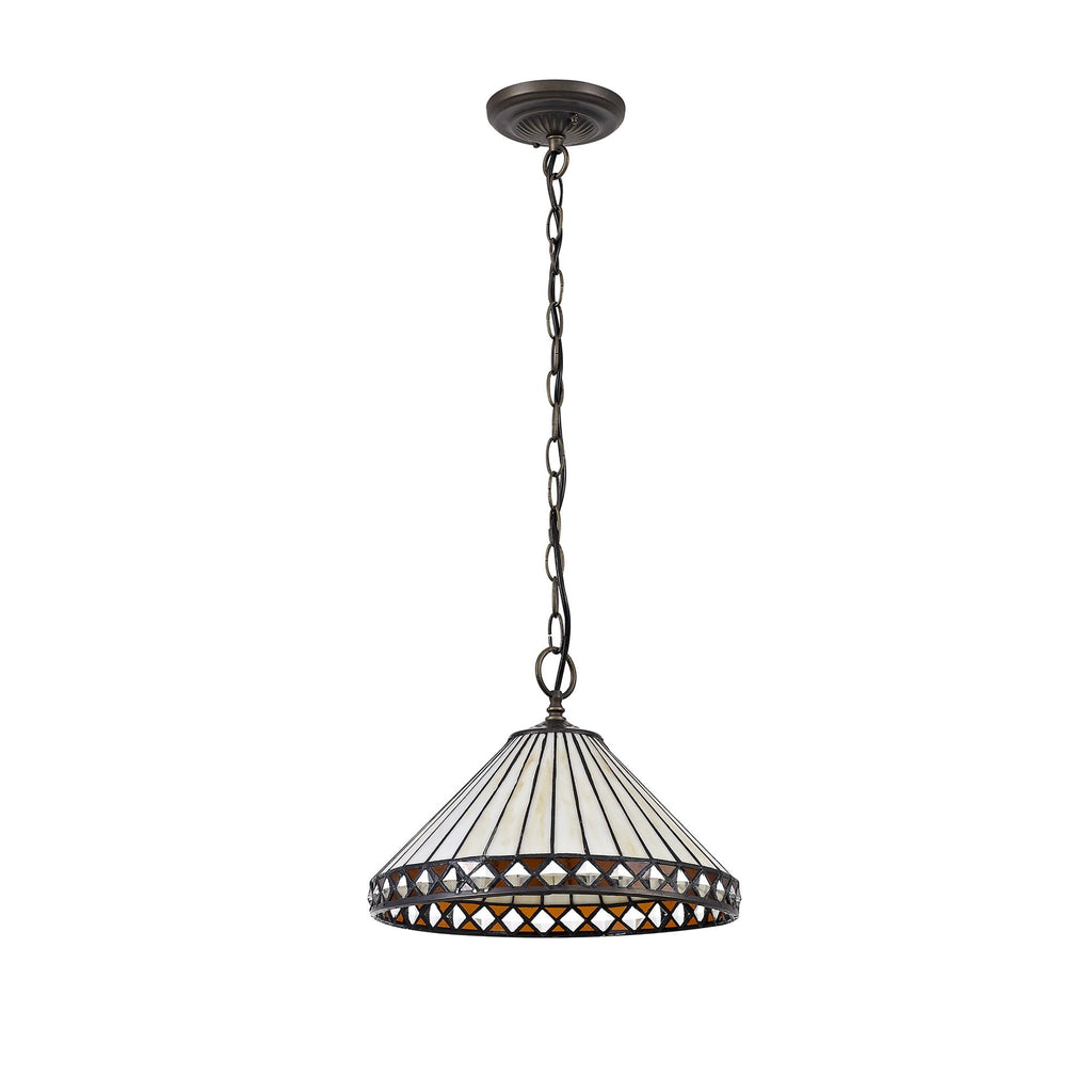 NLK02209 Tink 1 Light Down Lighter Pendant With 30cm Tiffany Shade Amber/Chrome/Crystal/Aged Antique Brass