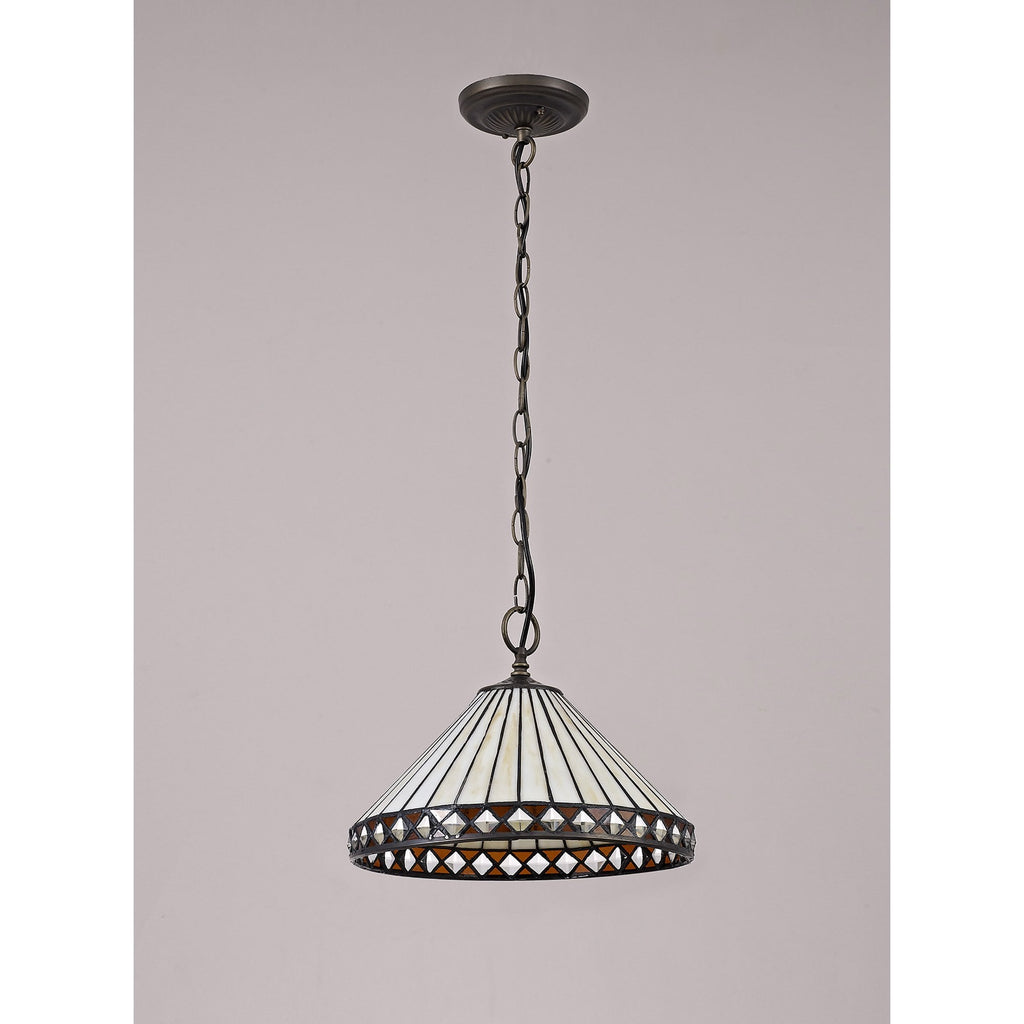 NLK02209 Tink 1 Light Down Lighter Pendant With 30cm Tiffany Shade Amber/Chrome/Crystal/Aged Antique Brass