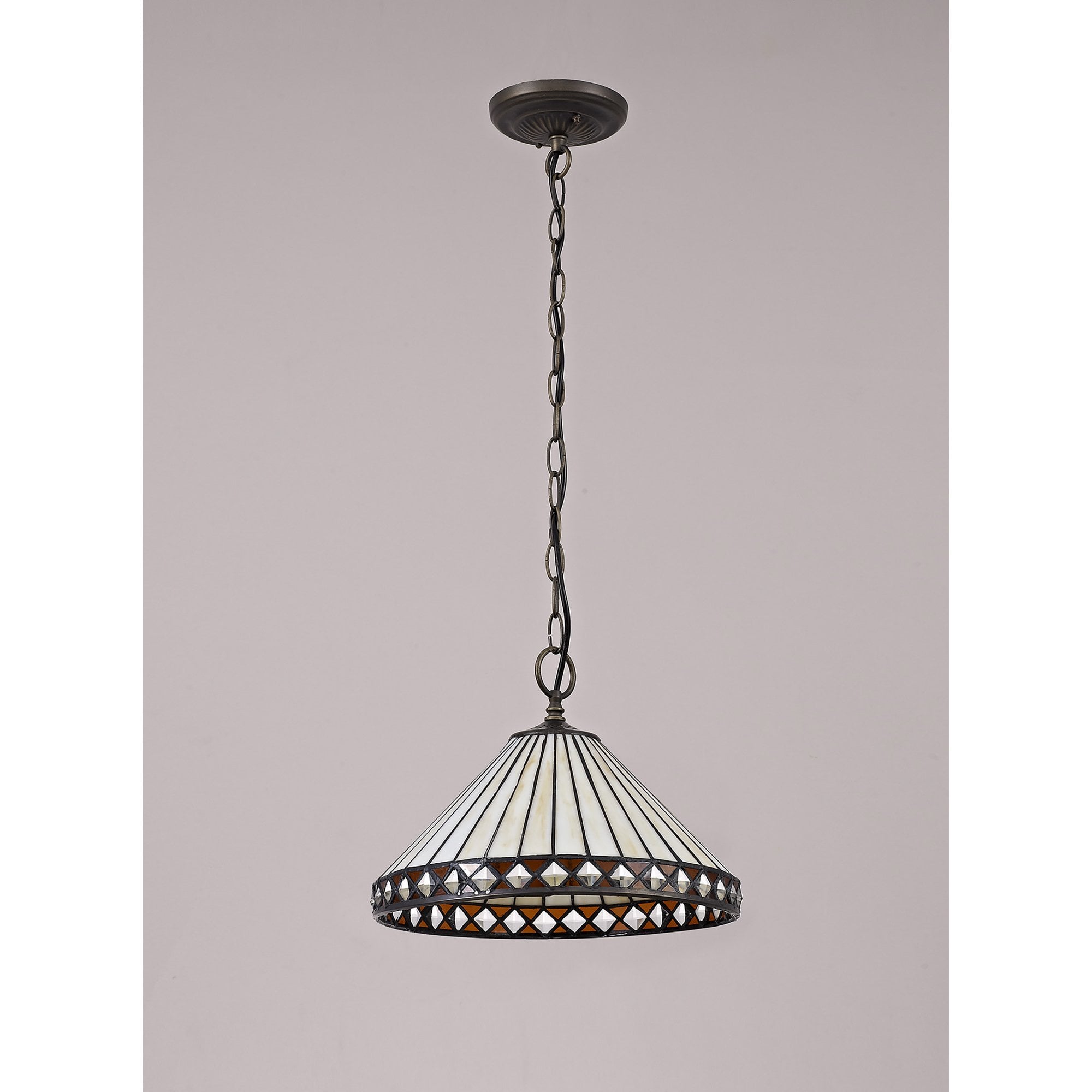 NLK02209 Tink 1 Light Down Lighter Pendant With 30cm Tiffany Shade Amber/Chrome/Crystal/Aged Antique Brass