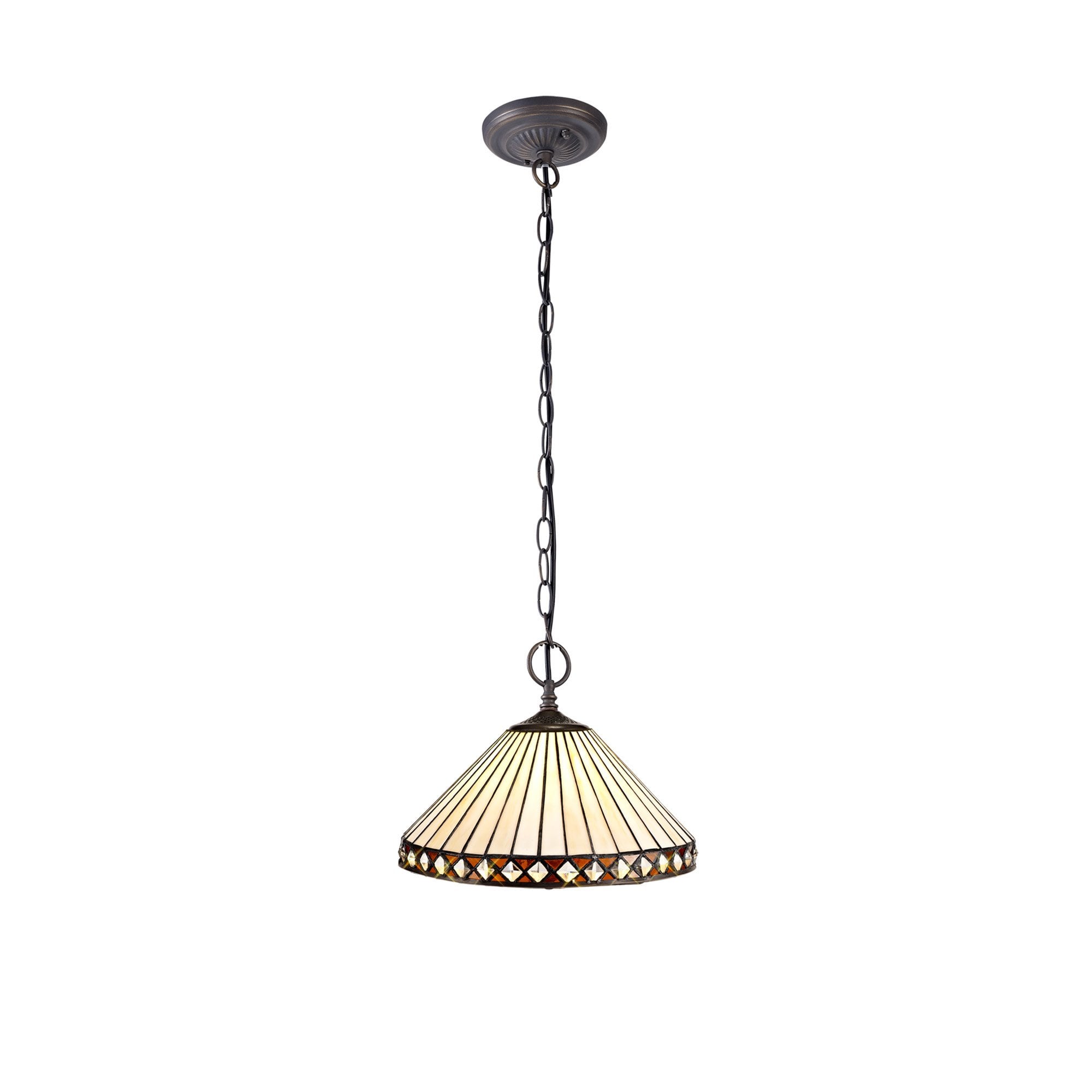 NLK02219 Tink 2 Light Down Lighter Pendant With 30cm Tiffany Shade Amber/Chrome/Crystal/Aged Antique Brass