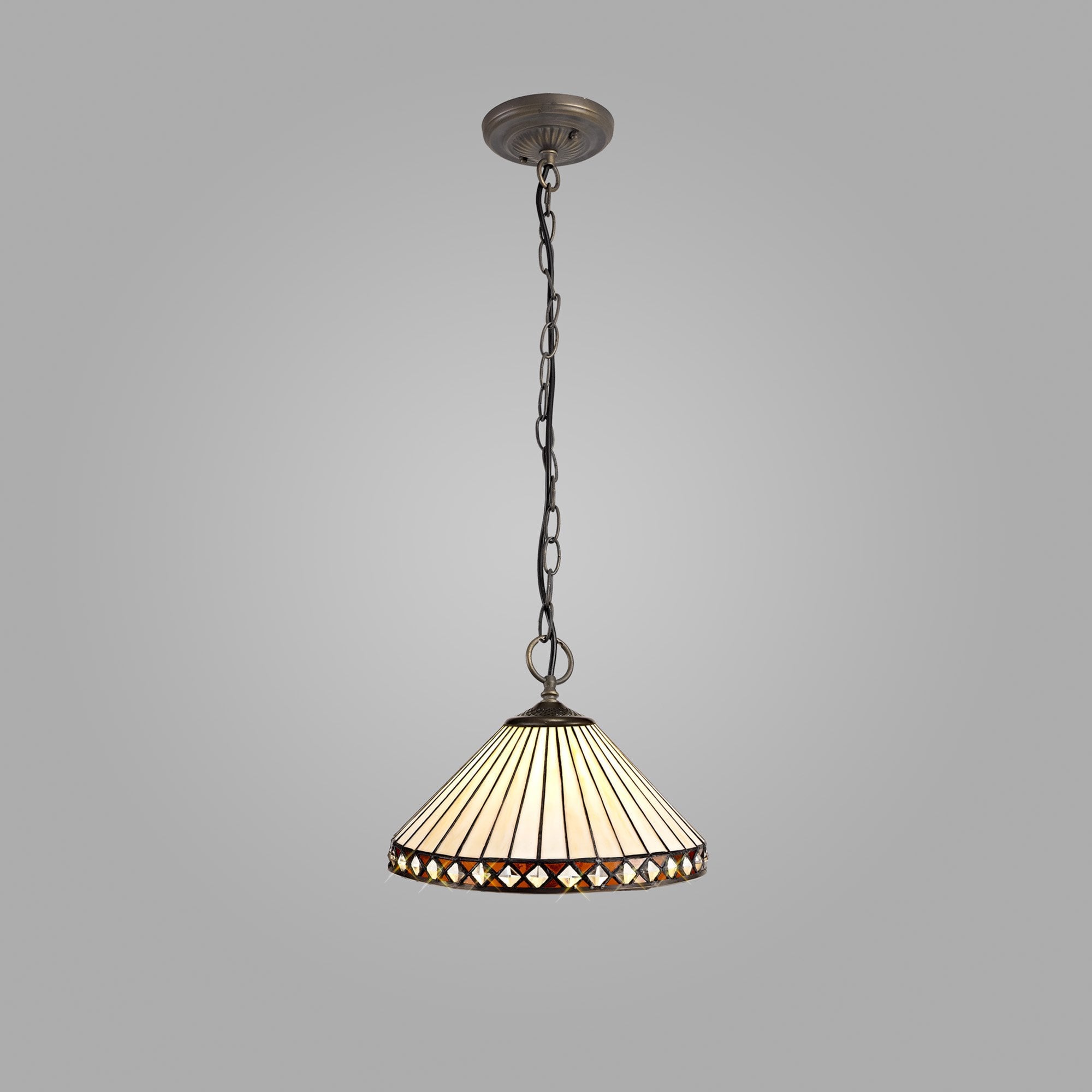 NLK02229 Tink 3 Light Down Lighter Pendant With 30cm Tiffany Shade Amber/Chrome/Crystal/Aged Antique Brass
