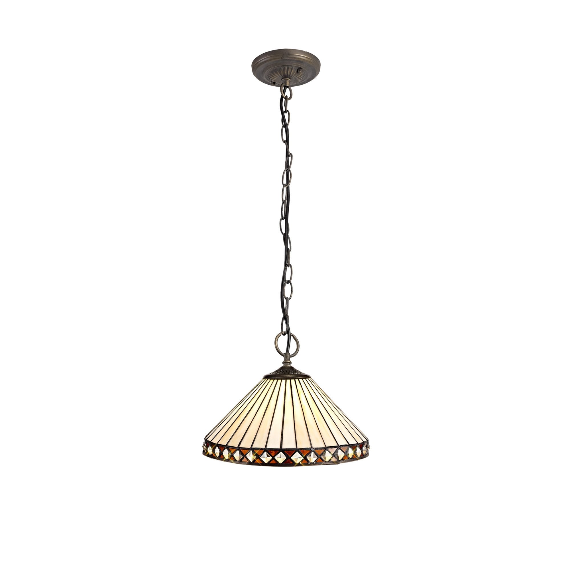 NLK02229 Tink 3 Light Down Lighter Pendant With 30cm Tiffany Shade Amber/Chrome/Crystal/Aged Antique Brass