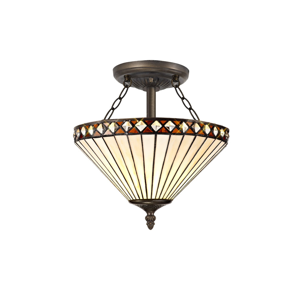 NLK02239 Tink 2 Light Semi Ceiling With 30cm Tiffany Shade Amber/Chrome/Crystal/Aged Antique Brass