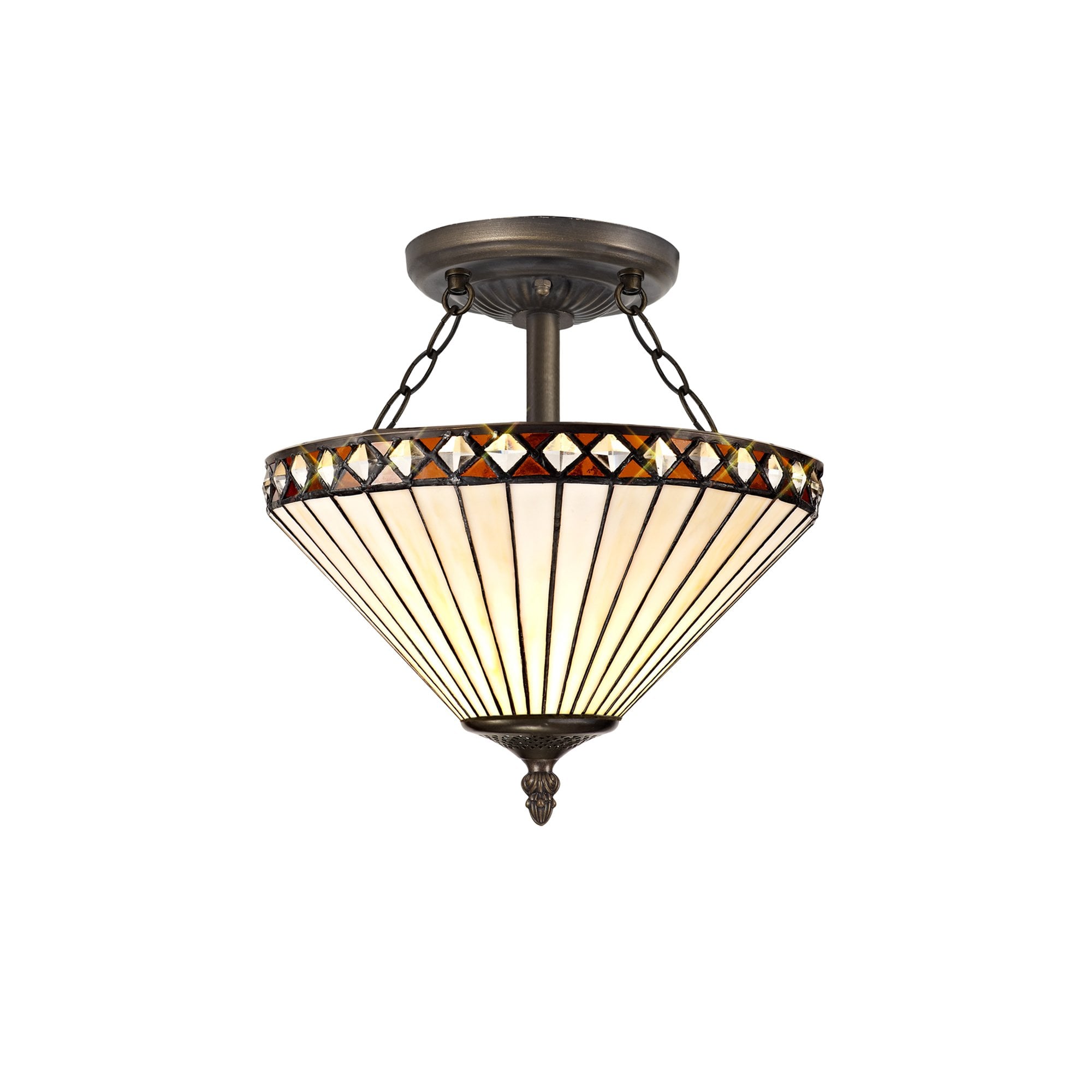 NLK02239 Tink 2 Light Semi Ceiling With 30cm Tiffany Shade Amber/Chrome/Crystal/Aged Antique Brass