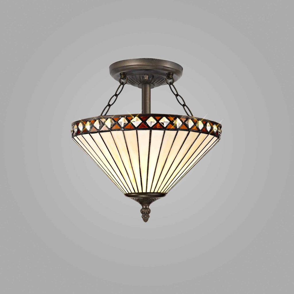 NLK02239 Tink 2 Light Semi Ceiling With 30cm Tiffany Shade Amber/Chrome/Crystal/Aged Antique Brass