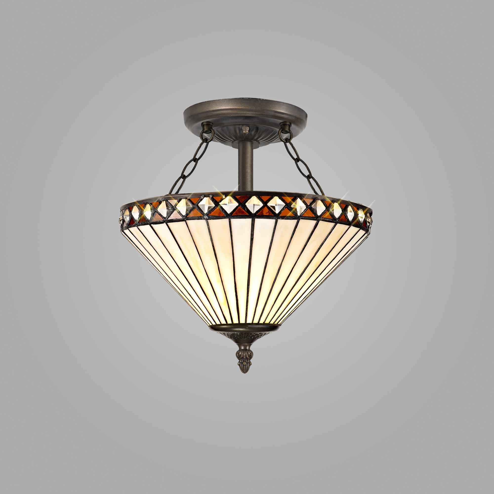 NLK02239 Tink 2 Light Semi Ceiling With 30cm Tiffany Shade Amber/Chrome/Crystal/Aged Antique Brass