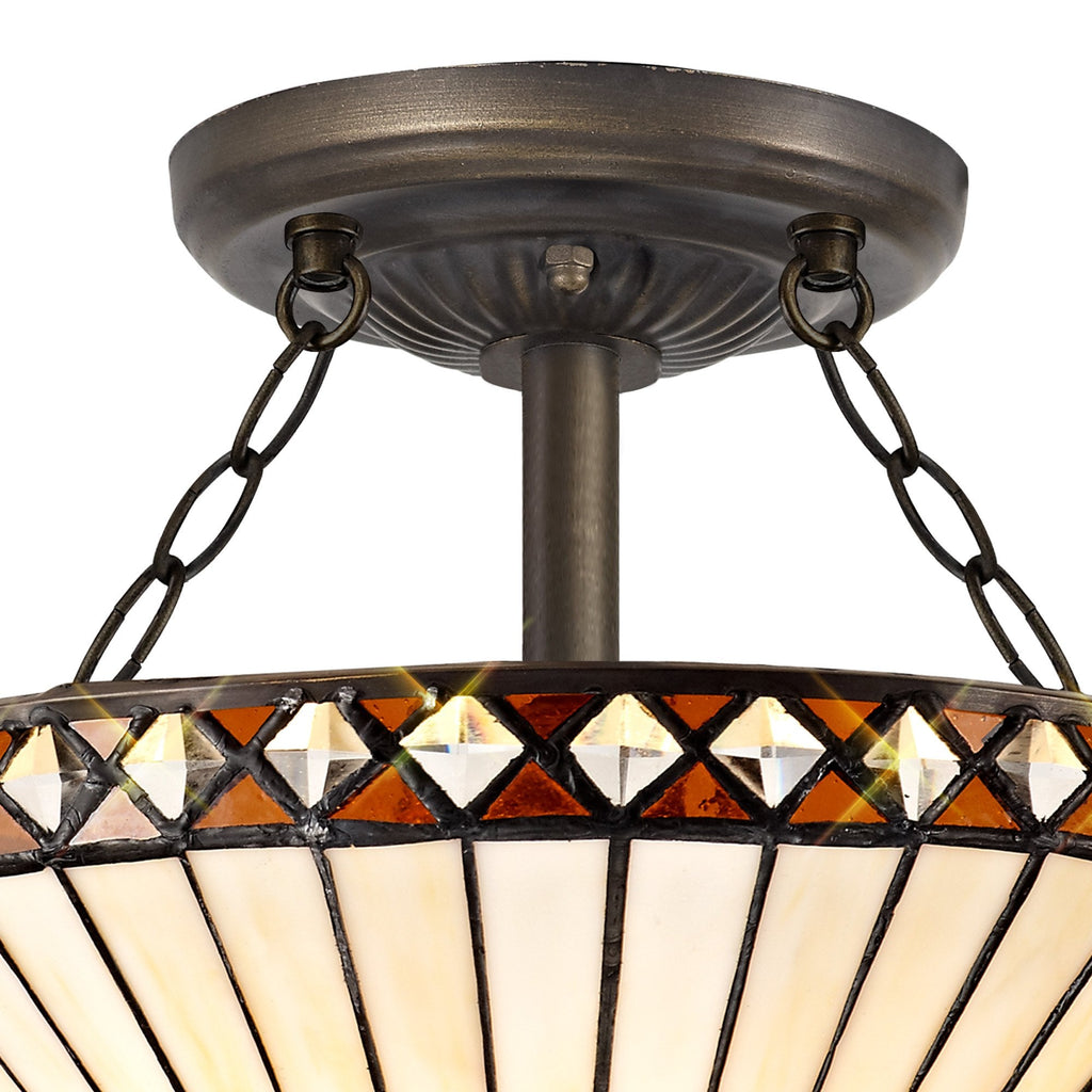 NLK02239 Tink 2 Light Semi Ceiling With 30cm Tiffany Shade Amber/Chrome/Crystal/Aged Antique Brass