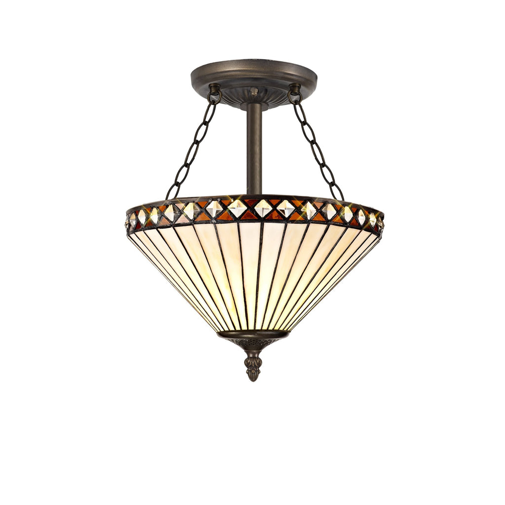 NLK02249 Tink 3 Light Semi Ceiling With 30cm Tiffany Shade Amber/Chrome/Crystal/Aged Antique Brass