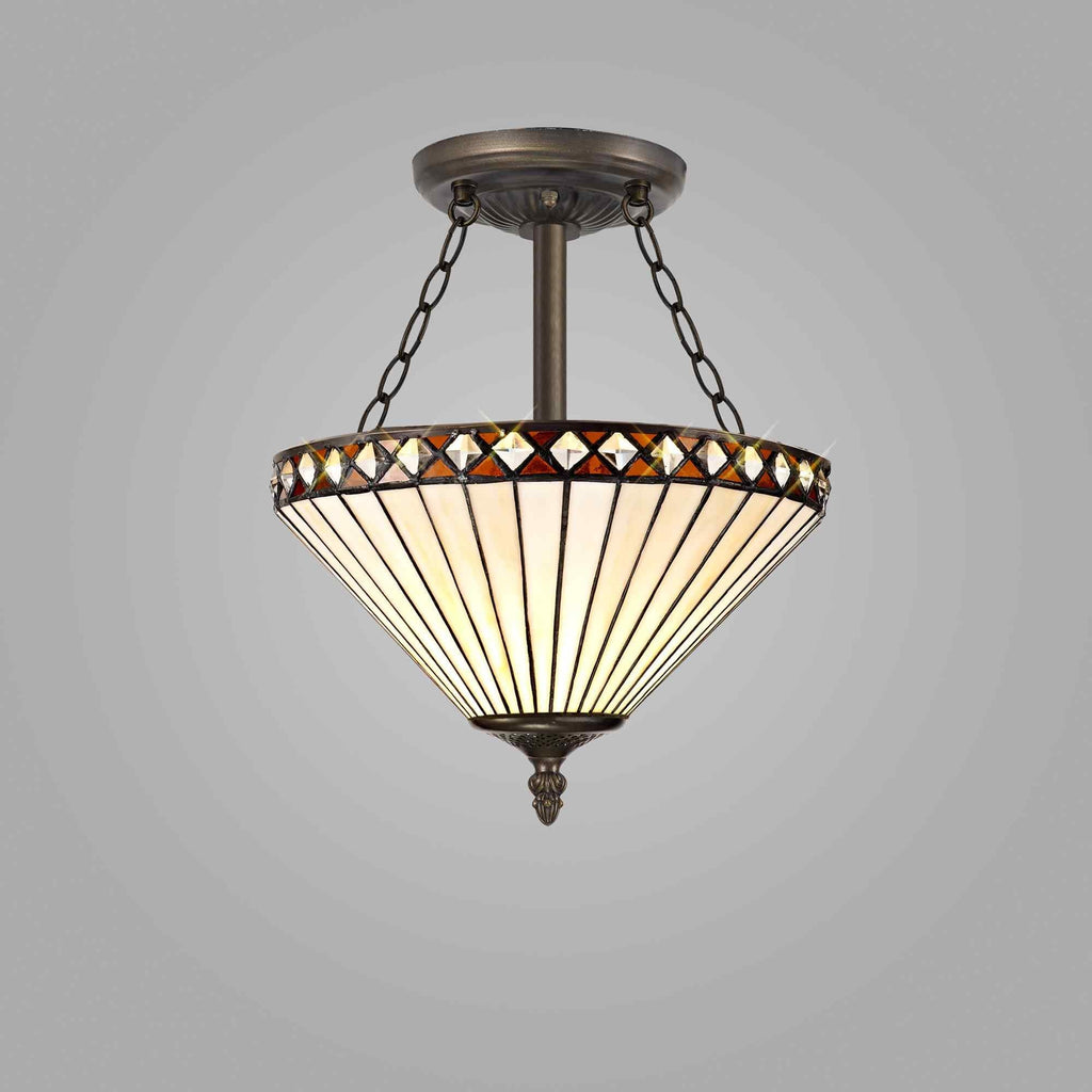 NLK02249 Tink 3 Light Semi Ceiling With 30cm Tiffany Shade Amber/Chrome/Crystal/Aged Antique Brass
