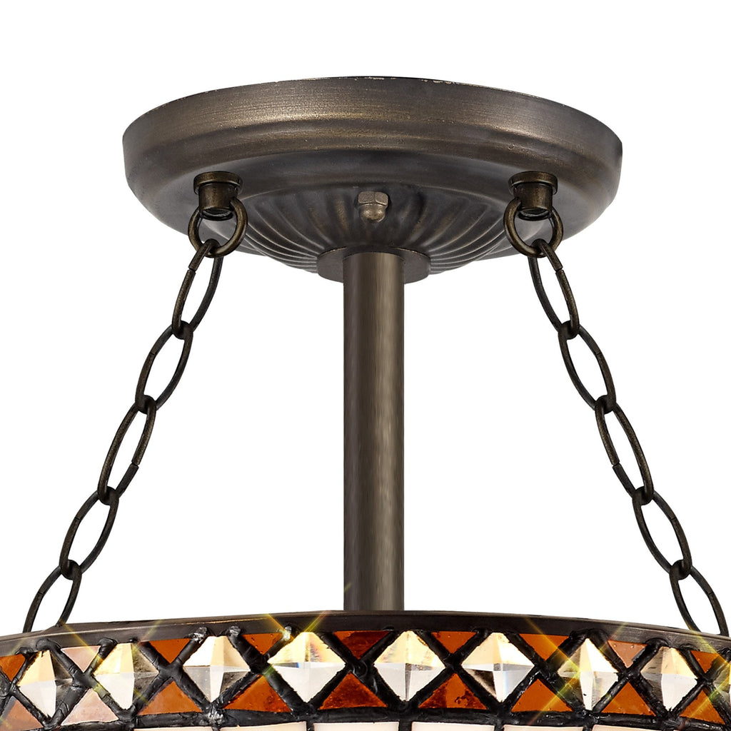 NLK02249 Tink 3 Light Semi Ceiling With 30cm Tiffany Shade Amber/Chrome/Crystal/Aged Antique Brass