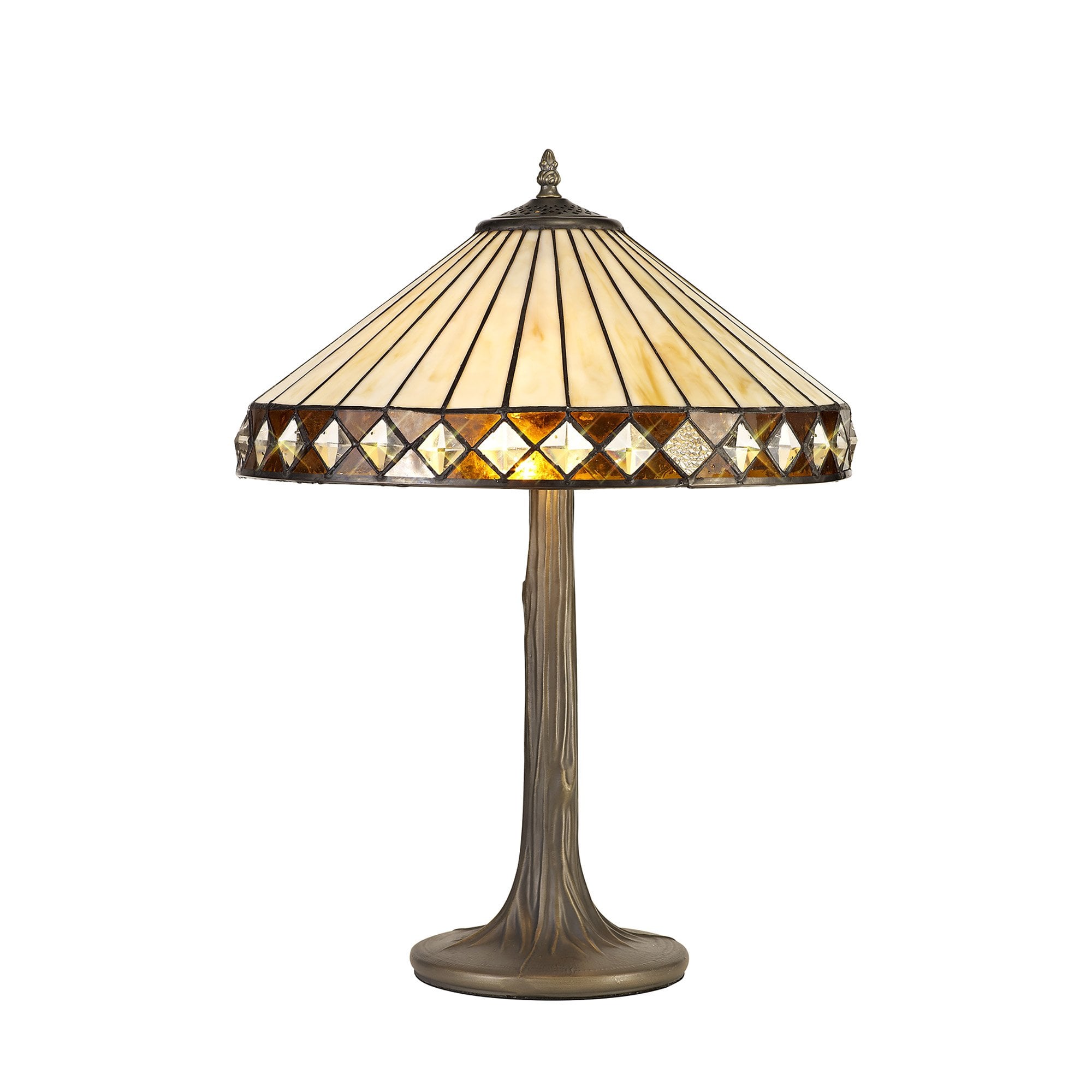 NLK02279 Tink 2 Light Tree Like Table Lamp With 40cm Tiffany Shade Amber/Chrome/Crystal/Aged Antique Brass