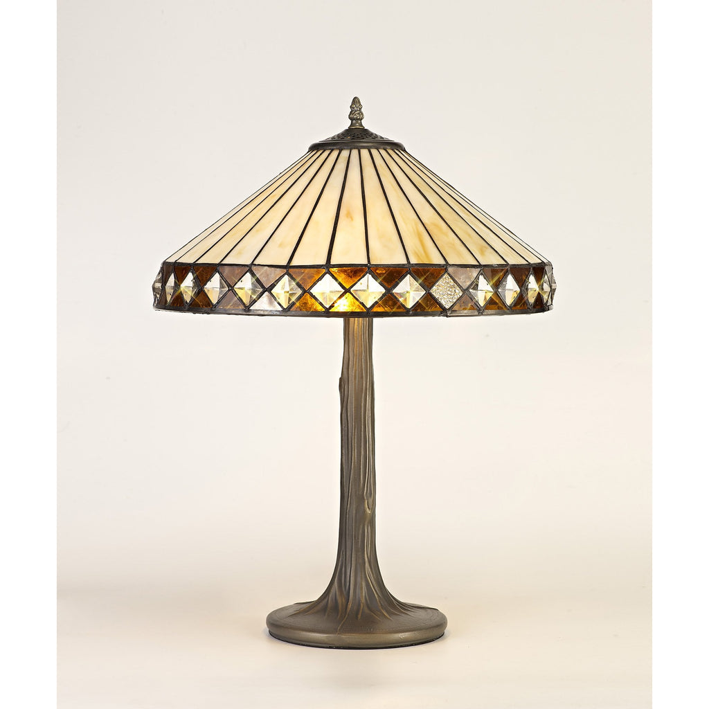 NLK02279 Tink 2 Light Tree Like Table Lamp With 40cm Tiffany Shade Amber/Chrome/Crystal/Aged Antique Brass
