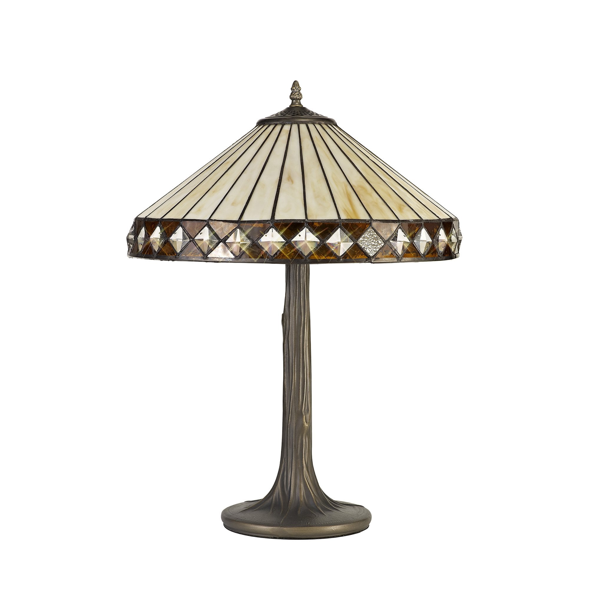 NLK02279 Tink 2 Light Tree Like Table Lamp With 40cm Tiffany Shade Amber/Chrome/Crystal/Aged Antique Brass