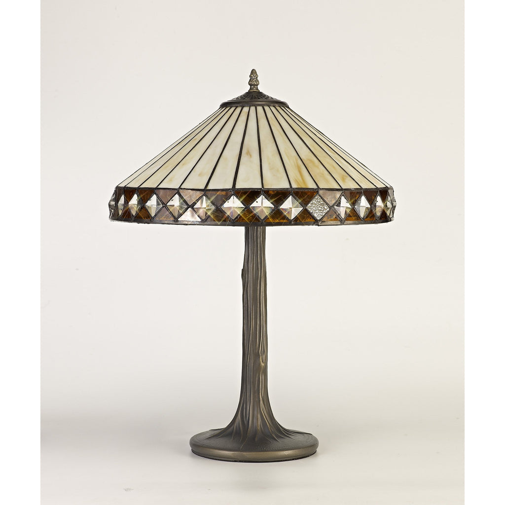NLK02279 Tink 2 Light Tree Like Table Lamp With 40cm Tiffany Shade Amber/Chrome/Crystal/Aged Antique Brass